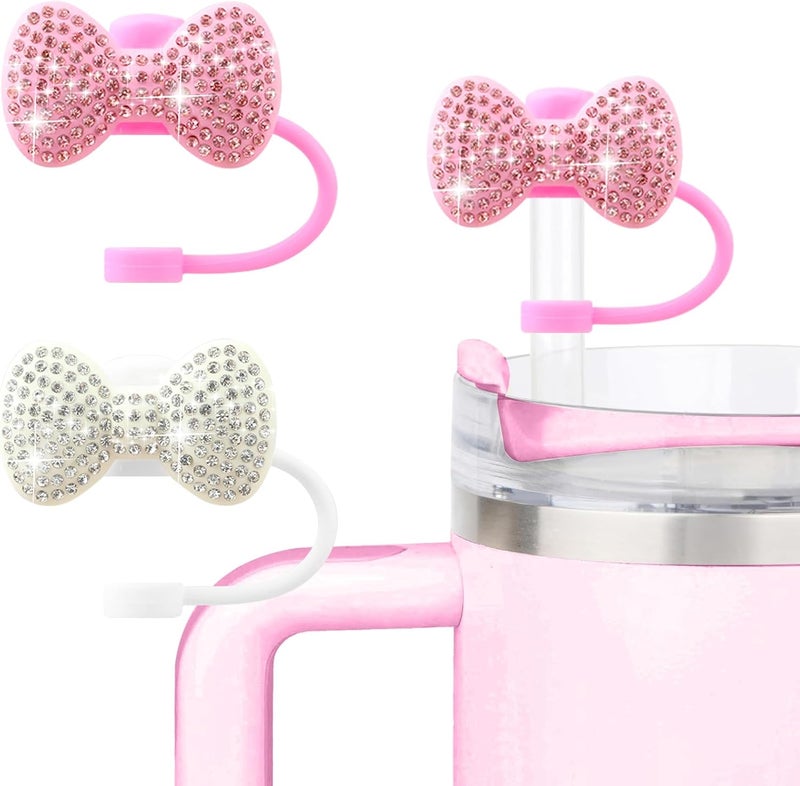 SEMATA 2PCS Cute Bow Straw Cover Cap for Stanley Cup Accessories,Bling Crystals Straw Toppers for Stanley Tumbler 40&30 oz,Rhinestone Reusable Straws Tips Protectors Compatible with 10mm Straws - Image 1